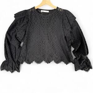 Zara‎ Black Lace Ruffle Flounce Sleeve Blouse M Romantic Whimsigoth Witchy Sheer
